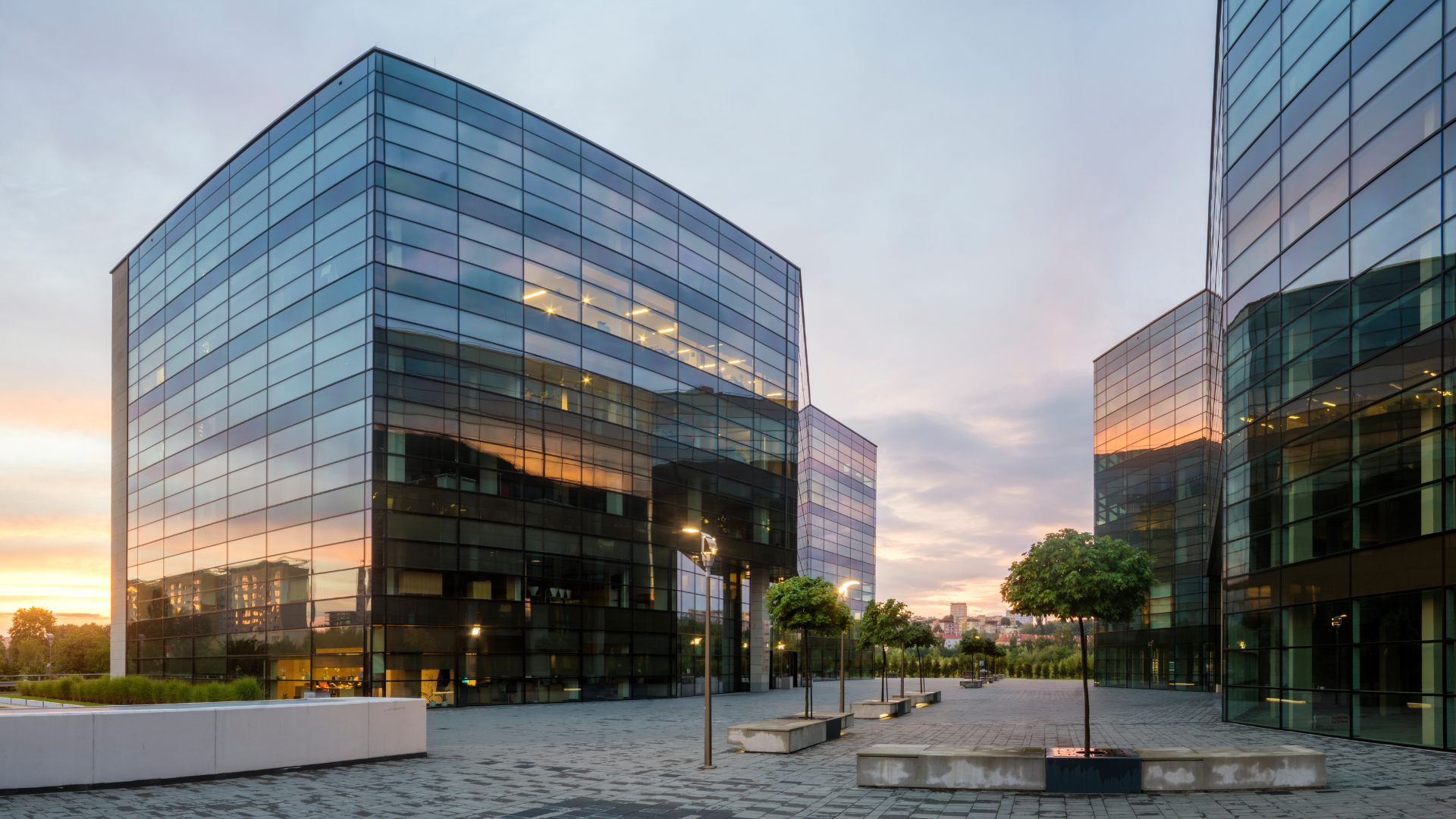 Commercial building at dusk
