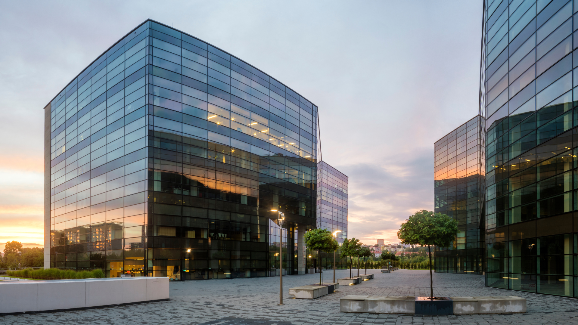 Commercial building at dusk 